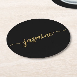 Schwarze und goldene Monogramm-Name-Schrift Chic-S Runder Pappuntersetzer