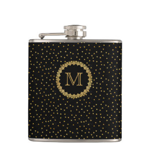 Schwarze und goldene Monogramm-Sparkles Flachmann