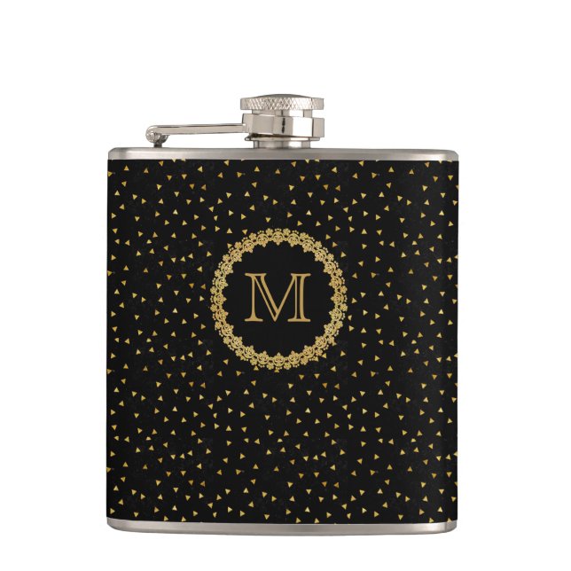 Schwarze und goldene Monogramm-Sparkles Flachmann (Vorderseite)