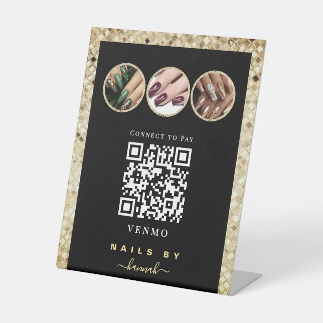 Schwarze und goldene Nagelstudio Venmo QR-Code Zah Sockelschild (Vorderseite)