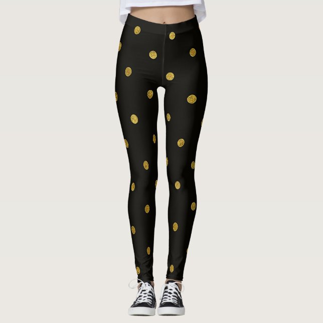 Schwarze und goldene Polka-Punkte Leggings (Vorderseite)