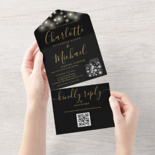 Schwarze und goldene QR-Code-Mason-Jar-Lichter Hoc All In One Einladung
