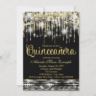 Schwarze und goldene Quinceanera Glitter Glam Funk Einladung