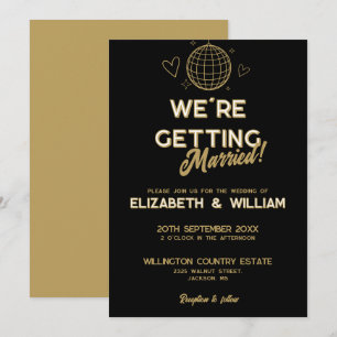 Schwarze und goldene Retro-Disco-Groovy-Hochzeit Einladung