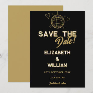 Schwarze und goldene Retro-Disco-Groovy-Hochzeit Save The Date