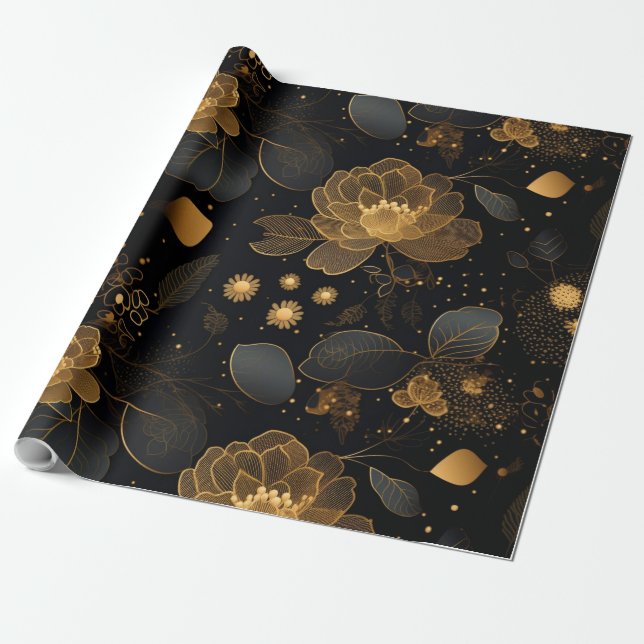 Schwarze und goldene Rose Geschenkpapier (Ungerollt)