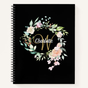 Schwarze und goldene Rosen Blumenmonogramm Girly S Notizbuch