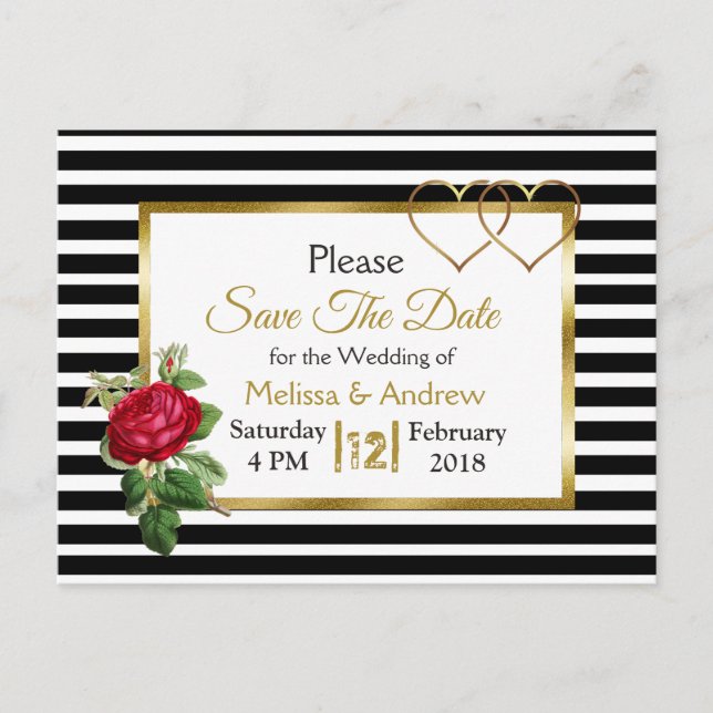 Schwarze und goldene Rote Rose Save the Date Postk Ankündigungspostkarte (Vorderseite)