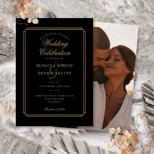 Schwarze und goldene Schrift Art Deco Foto-Hochzei Einladung