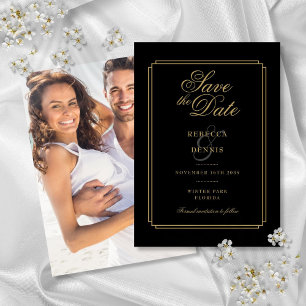 Schwarze und goldene Schrift Art Deco Foto-Hochzei Save The Date