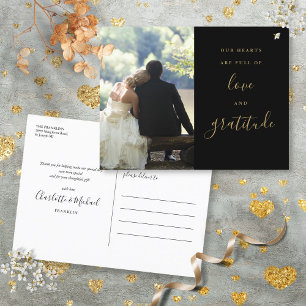Schwarze und goldene Schrift Foto-Hochzeits-Dankes Postkarte