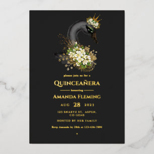 Schwarze und goldene Schwan-Quinceañera-Folie-Einl Folieneinladung