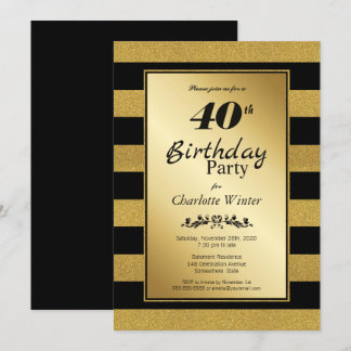 Schwarze und goldene Streifen 40. Geburtstag Party Einladung