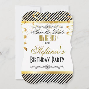 Schwarze und goldene Streifen mit Confetti Save The Date