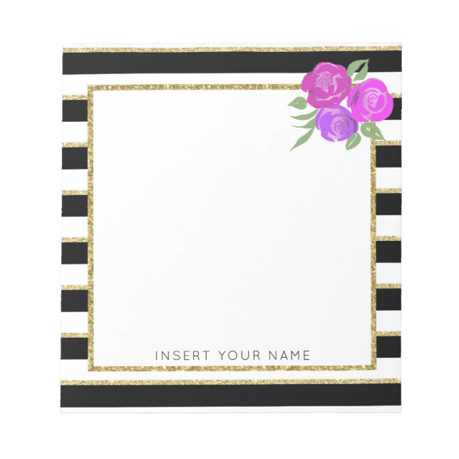 Schwarze und goldene Streifen mit Rose Notepad 5.5 Notizblock (Vorderseite)