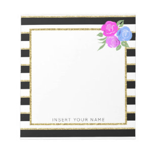 Schwarze und goldene Streifen mit Rose Notepad 5.5 Notizblock