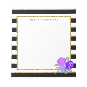 Schwarze und goldene Streifen mit Rose Notepad 5.5 Notizblock