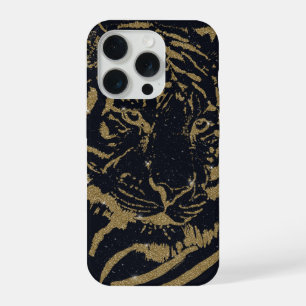 Schwarze und goldene Tiger-Kunst im Luxus-Glitter- iPhone 15 Pro Hülle