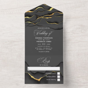 Schwarze und goldene Tinten-Hochzeit - Alles in ei All In One Einladung