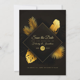 Schwarze und goldene tropische Hochzeit Save The Date