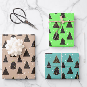 Schwarze und goldene Weihnachtsbäume, Schnee Geschenkpapier Set
