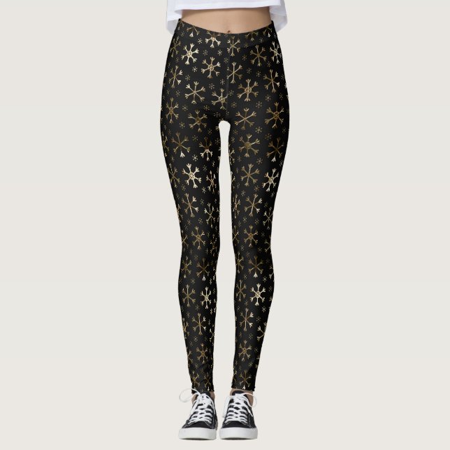 Schwarze und goldene Weihnachtsschneeflocken Leggings (Vorderseite)
