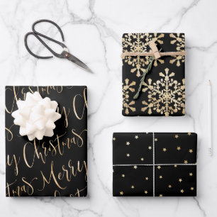 Schwarze und goldene Weihnachtsschneeflocken Set Geschenkpapier Set