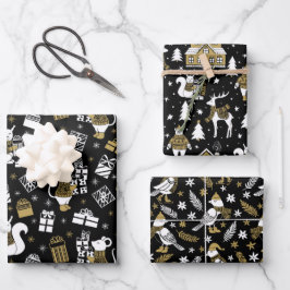Schwarze und goldene Weihnachtstiere Muster  Geschenkpapier Set