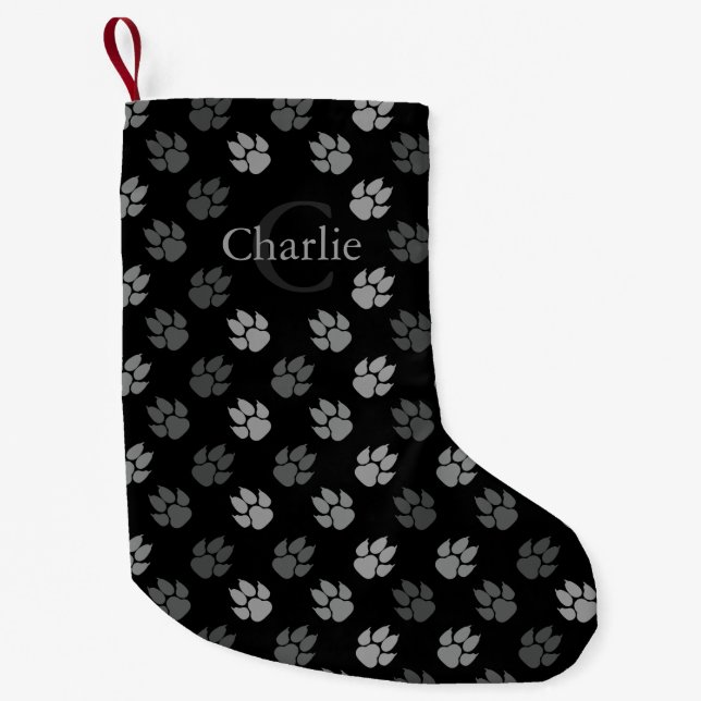 Schwarze und graue Hundepaws mit Monogramm und Nam Kleiner Weihnachtsstrumpf (Vorderseite)