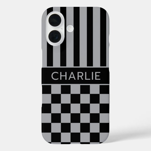 Schwarze und graue karierte gestreifte Personalisi Case-Mate iPhone Hülle (Rückseite)