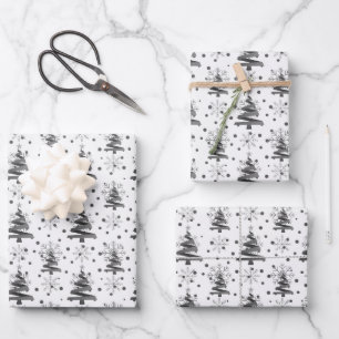Schwarze und graue Weihnachtsbäume & Schneeflocken Geschenkpapier Set