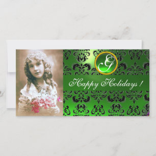 SCHWARZE UND GRÜNE DAMASK-Smaragdmonogramm Feiertagskarte