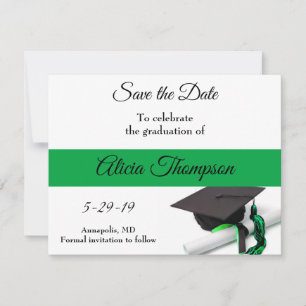 Schwarze und grüne Graduierungskappe und Tassel Save The Date