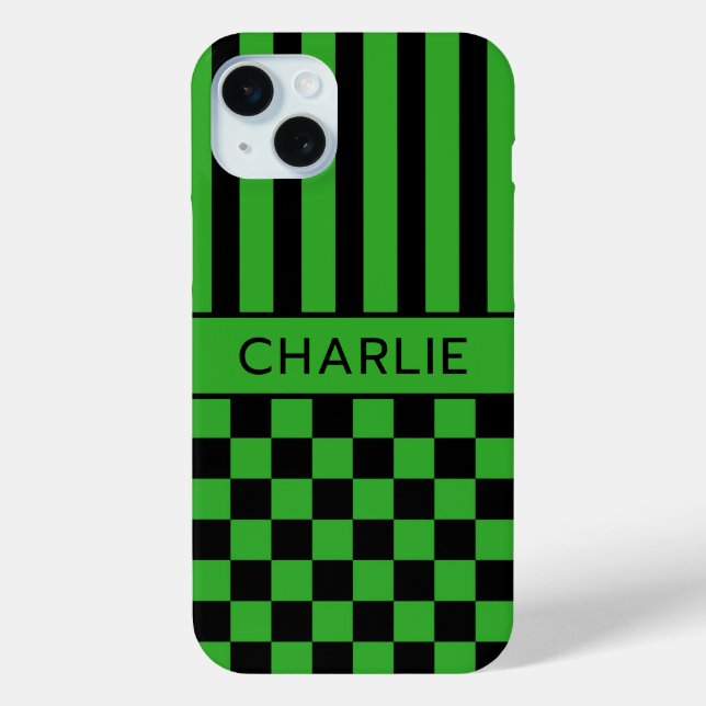 Schwarze und grüne karierte gestreifte Personalisi Case-Mate iPhone Hülle (Rückseite)
