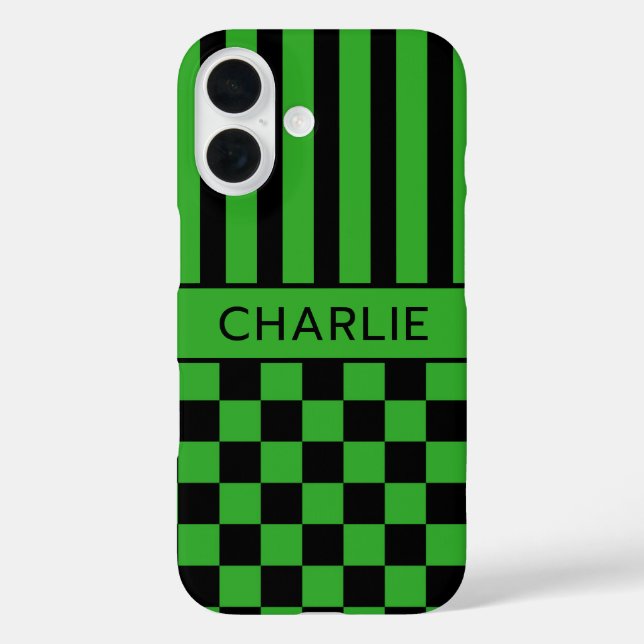 Schwarze und grüne karierte gestreifte Personalisi Case-Mate iPhone Hülle (Rückseite)