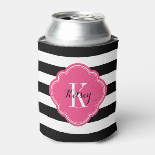 Schwarze und Hot-Pink-Preppy-Streifen Monogramm Dosenkühler