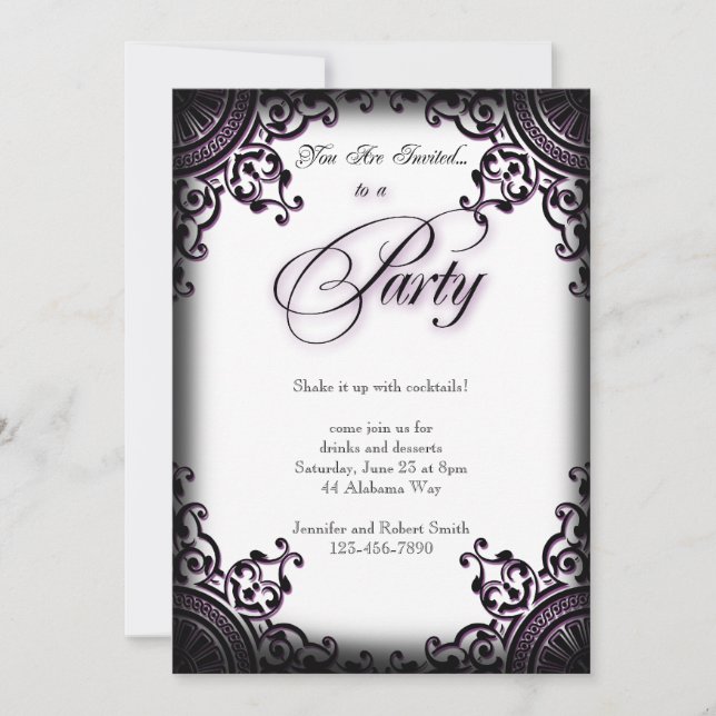 Schwarze und Lila Gothic Scroll Party Einladung (Vorderseite)