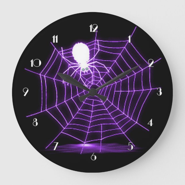 Schwarze und Lila Halloween-Webmauer Große Wanduhr (Vorderseite)