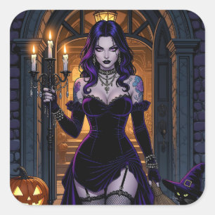 Schwarze und Lila Hexe mit Candelabra Halloween Quadratischer Aufkleber