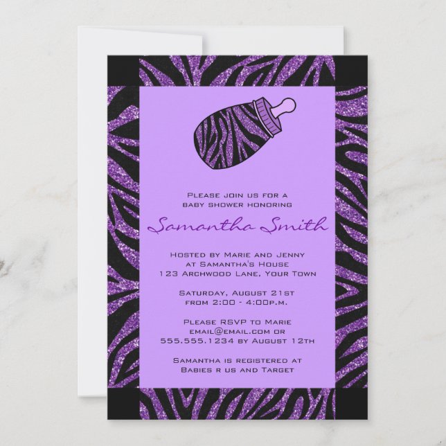 Schwarze und Lila Zebra Print Baby Dusche Einladung (Vorderseite)