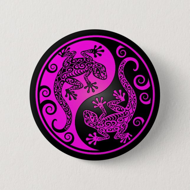 Schwarze und magentarote Yin Yang Geckos Button (Vorderseite)