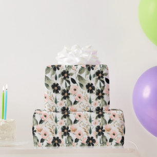 Schwarze und Muschelrosa Blumen Geschenkpapier