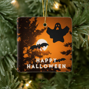 Schwarze und orange gruselige Halloween-Nachtszene Keramikornament