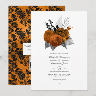 Schwarze und orange Halloween-Blumen-QR-Code-Hochz Einladung
