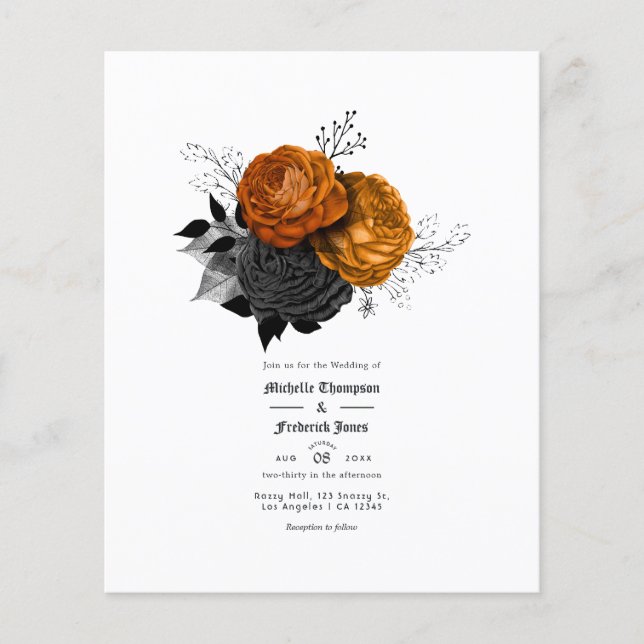 Schwarze und orangefarbene florale gotische Hochze Flyer (Vorne)