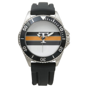 Schwarze und orangefarbene Uhr