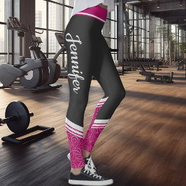 Schwarze und rosa bläserweiße Streifen und Name Leggings