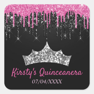 Schwarze und rosa tropfende Glitter-Quinceanera Quadratischer Aufkleber