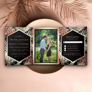 Schwarze und Rose Goldene Foil Tropical Palm Weddi Dreifach Gefaltete Einladung