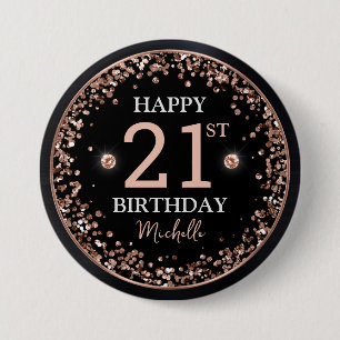 Schwarze und Roségold Glitter Konfetti Geburtstag Button